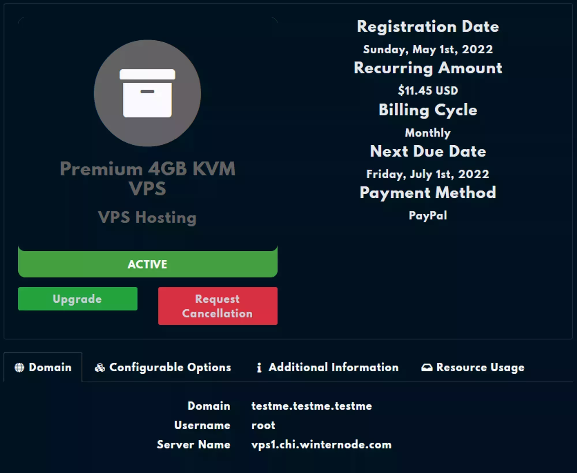 The overview pane of a 4gb KVM VPS