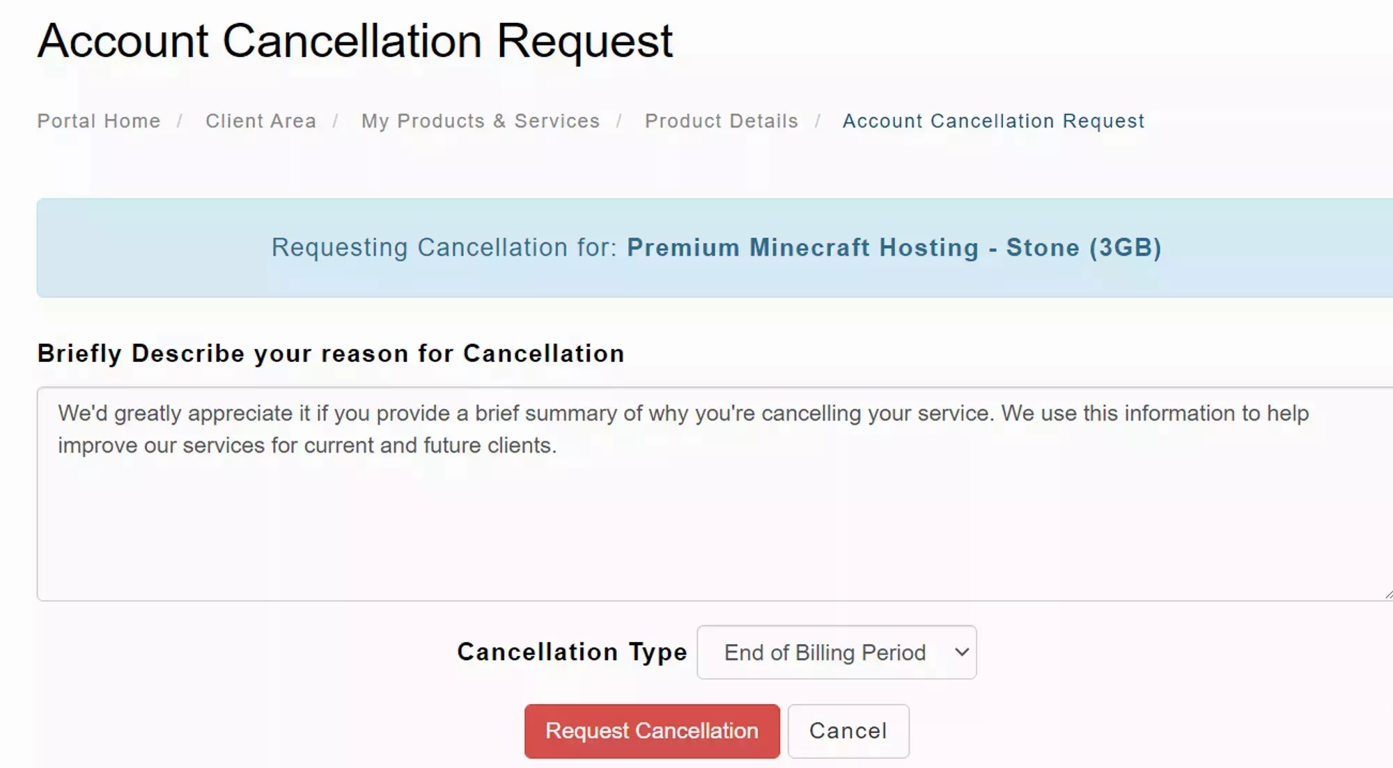 The service cancellation confirmation page