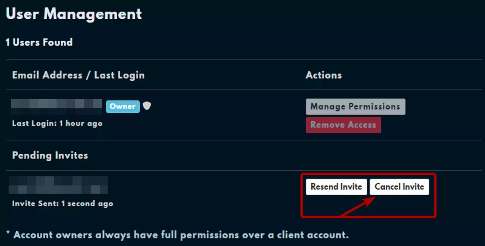 The cancel and resend invite buttons on a Billing Sub-User entry