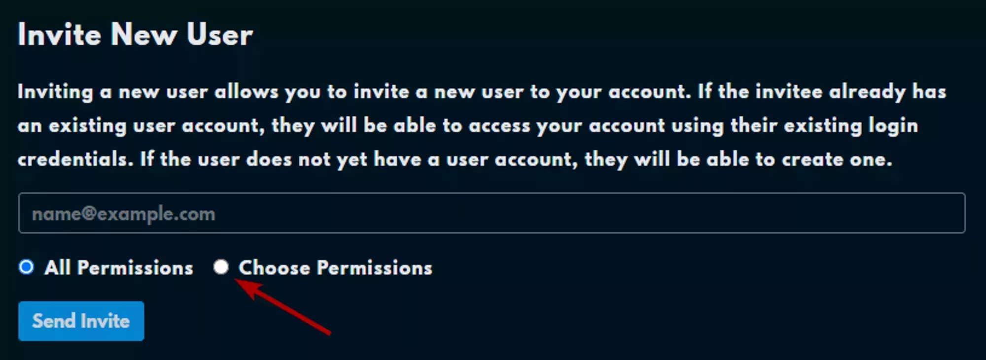 The invite new user modal with the &quot;choose permissions&quot; radio button noted