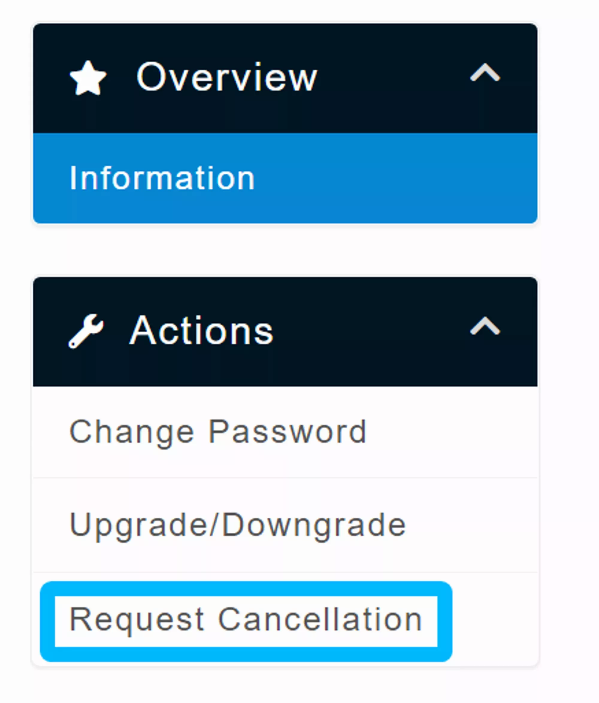 The Request Cancellation button on the Client Area Sidebar
