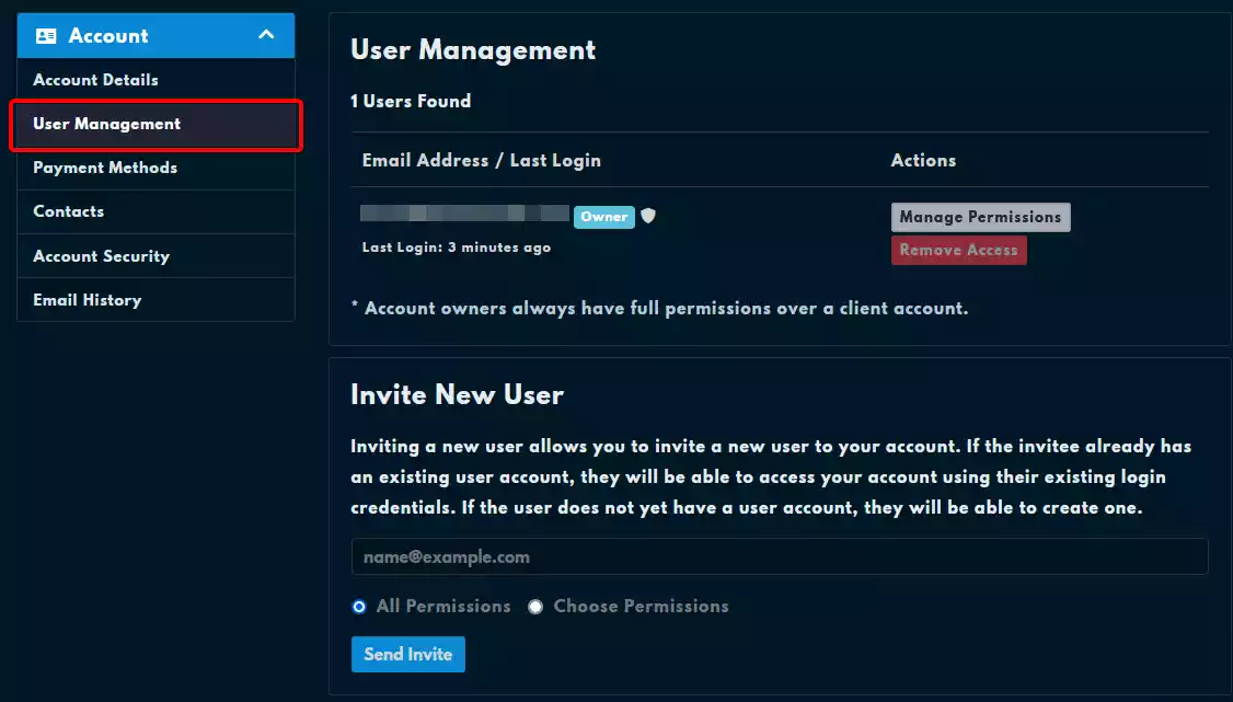 The User Management section the the Client Area with the &quot;User Management&quot; entry highlighted on the Account sidebar