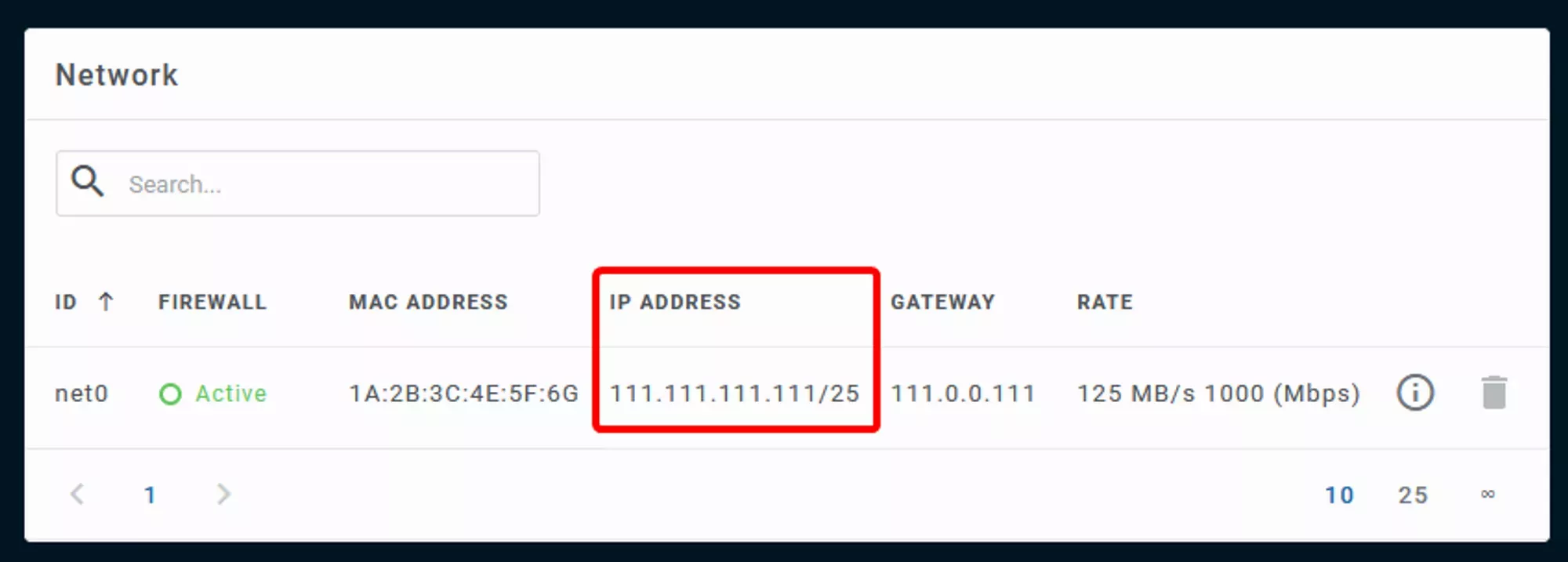 The Network Pane with the IP Address field highlighted, the 4th column in the table