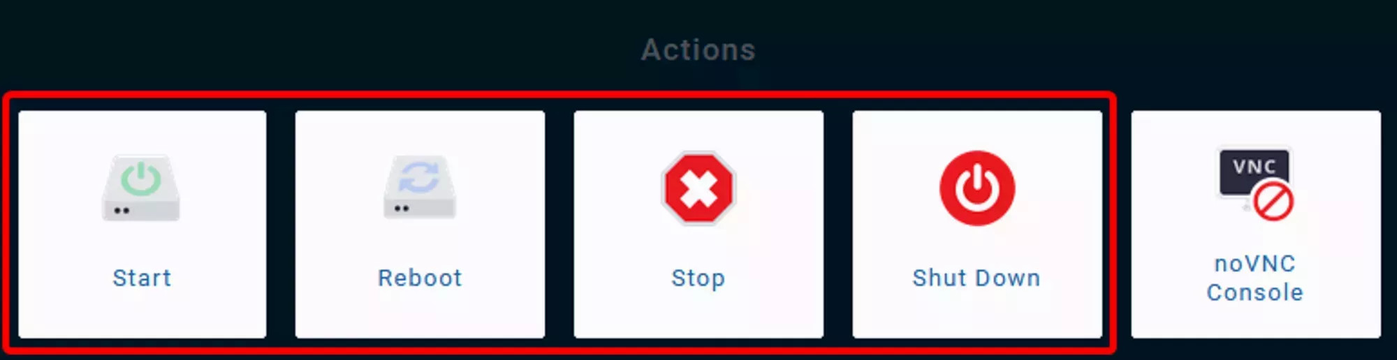 The 4 power control buttons for a VPS under the actions section in the VPS Panel