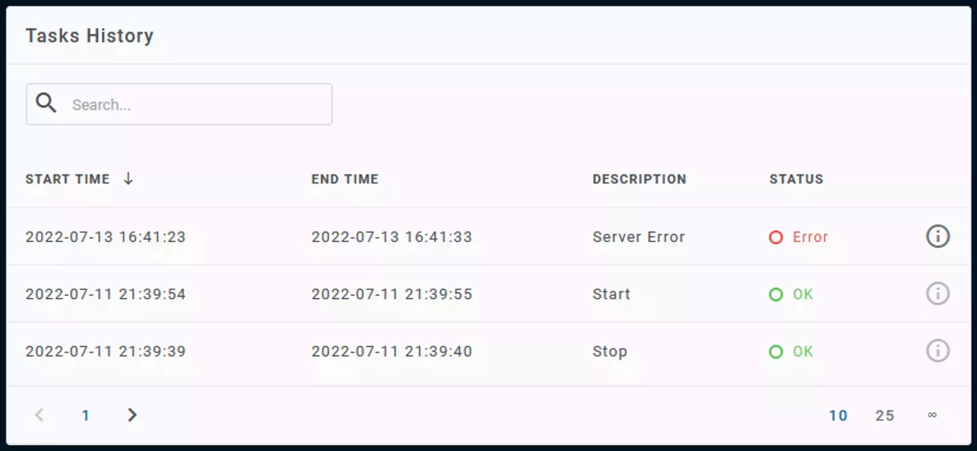The VPS Task History Pane with two OK status logs and one Error log