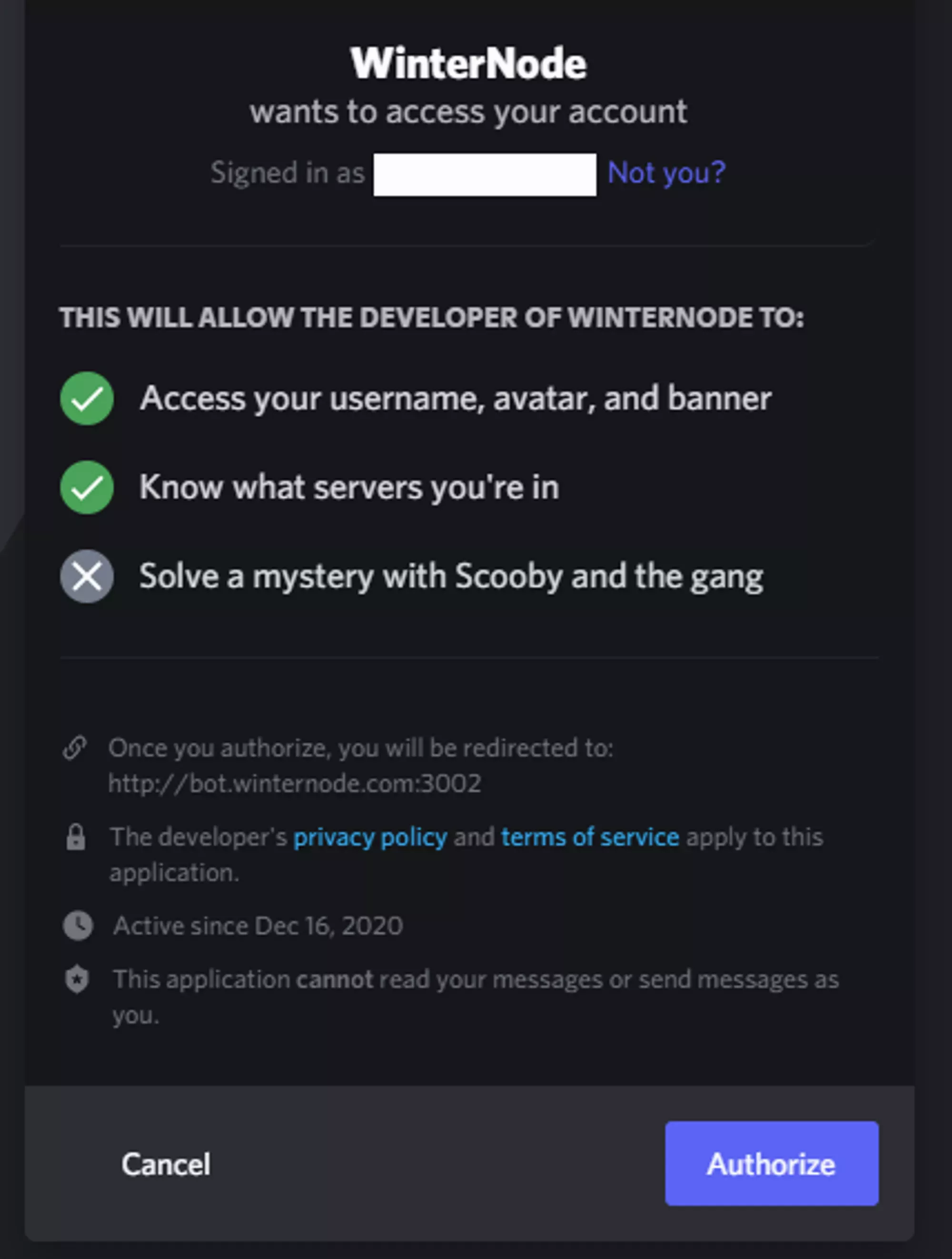 The Discord account Auth screen