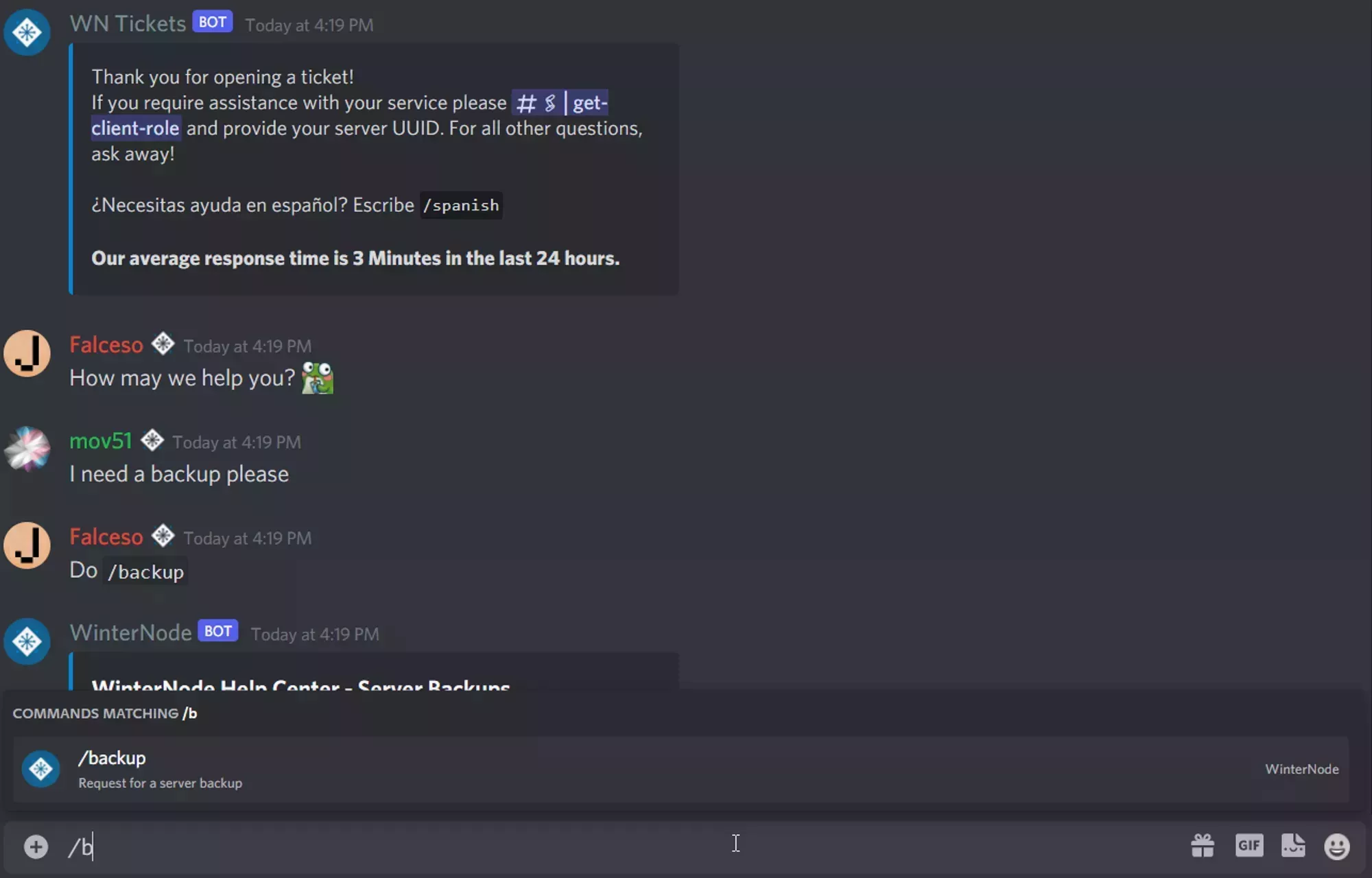 A conversation in a WinterNode support ticket directing the user to use the /backup command and the chat box partially filled with the comand with Discord autocompleting the remainder of /backup