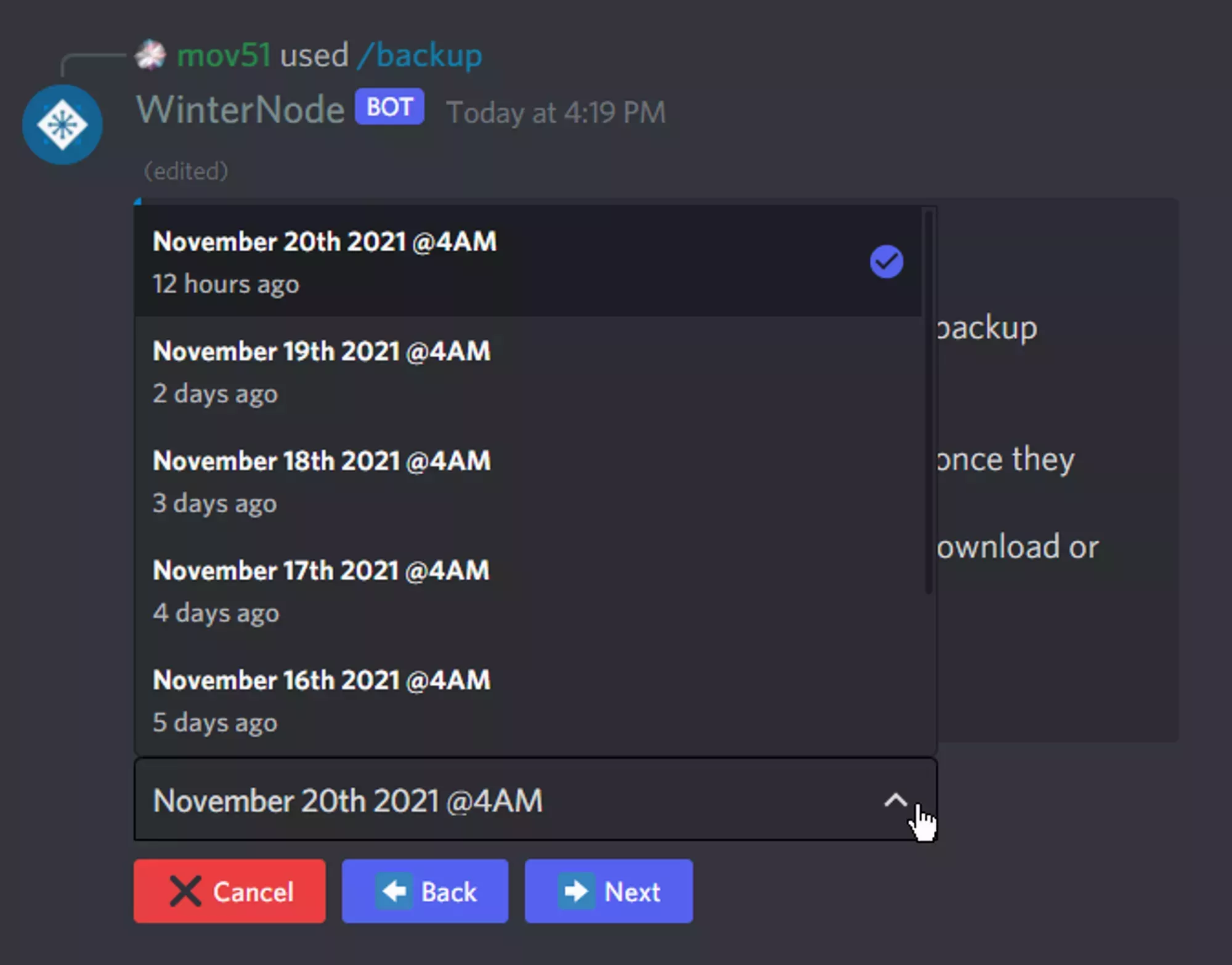 The WinterNode Bot&#39;s backup request form with the Date Dropdown open to display a list of recent dates