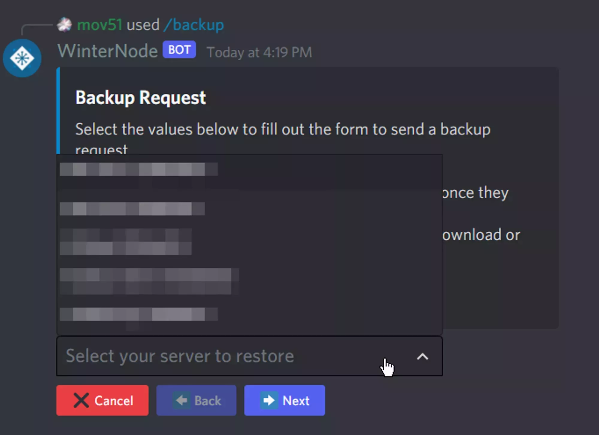 The WinterNode bot&#39;s Backup Request form but with the Server Selection dropdown open to display a list of blurred out server UUID&#39;s