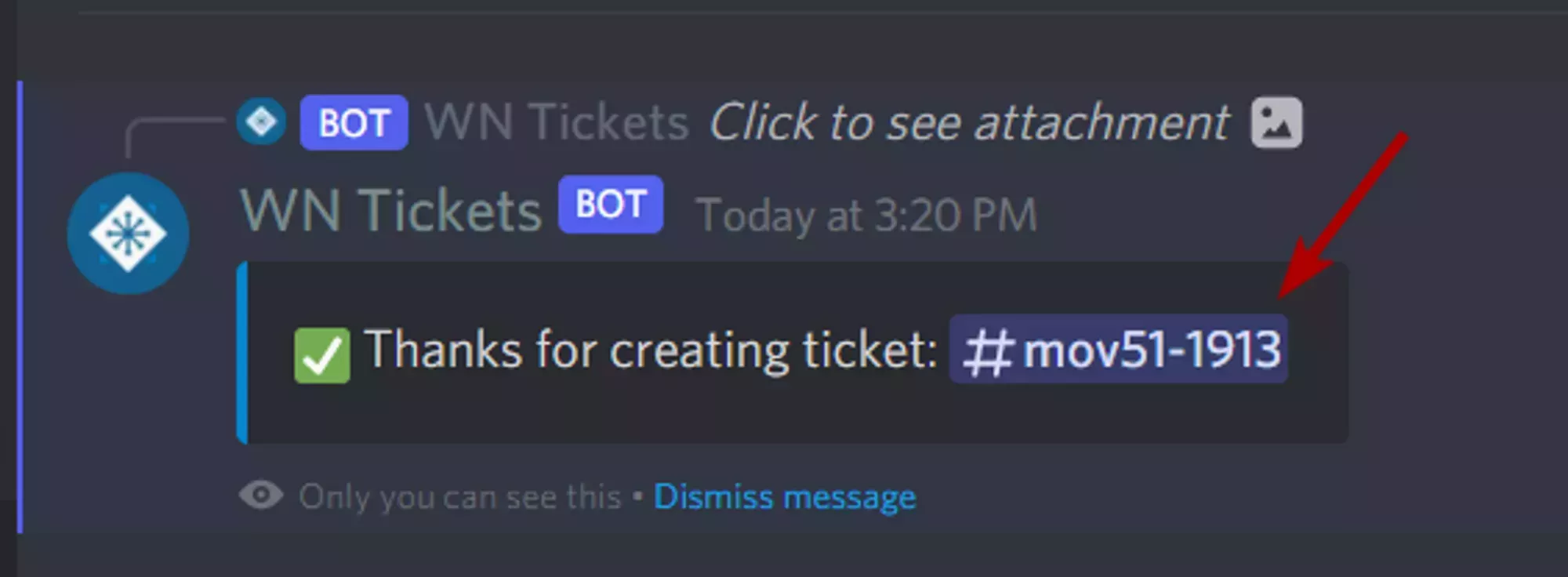 A Discord message designated as &quot;only visible to you&quot; directing you to your newly created ticket