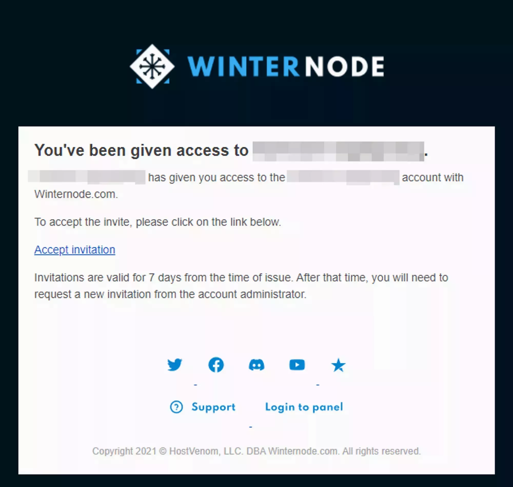 example Billing Sub-User invite email from support@winternode.com