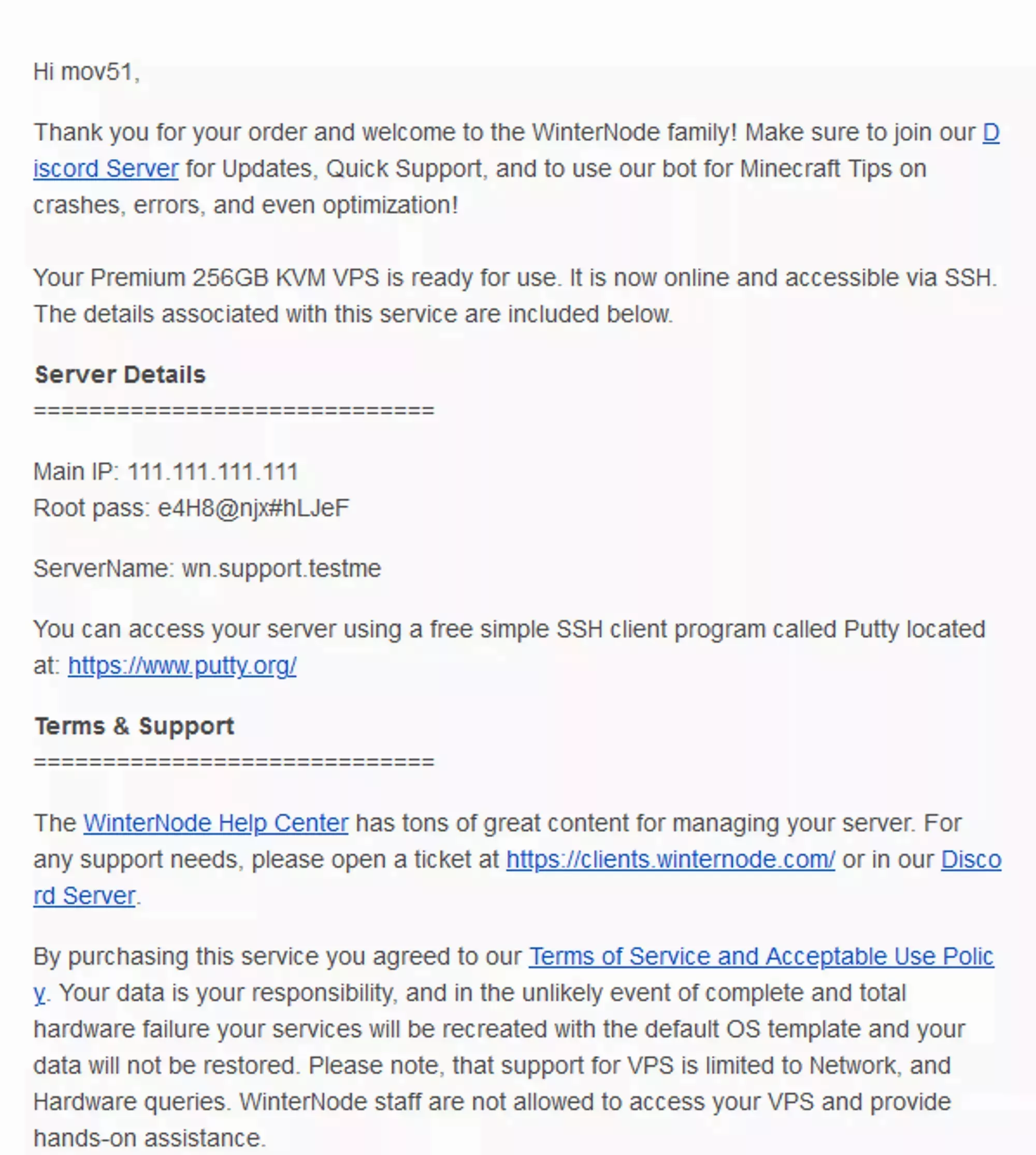 An example of the Email recived when purchasing a WinterNode VPS containing the VPS log-in details.