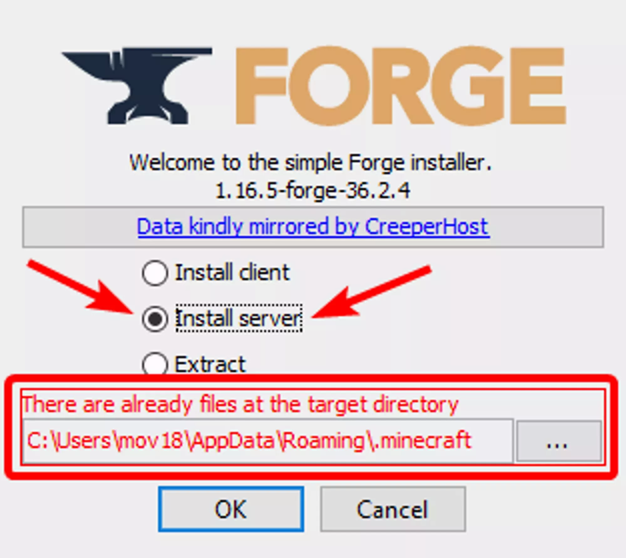 The Forge Installer popup with the Install Server option selected
