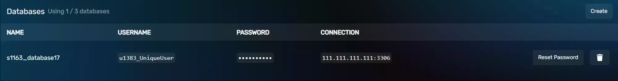 The database tab with 1 database listed, showing from left to right the name, username, password, and connection address of the database in a table