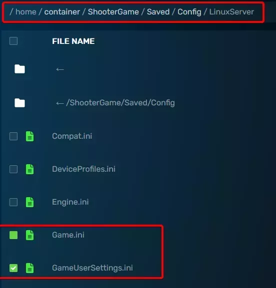 The GCP File Manager showing the contents of the LinuxServer folder with the GameUserSettings.ini and Game.ini selected and the path to the LinuxServer folder highlighted in the breadcrumbs