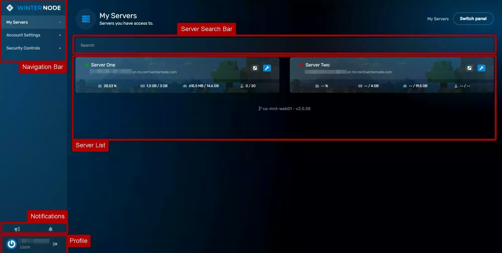 An overview of the Game Control Panel Server List, with the Navigation bar on the right, notifactions in the bottom right, your profile options below that, the Server Search bar on the top center, and the server list itself on in the center of the page.