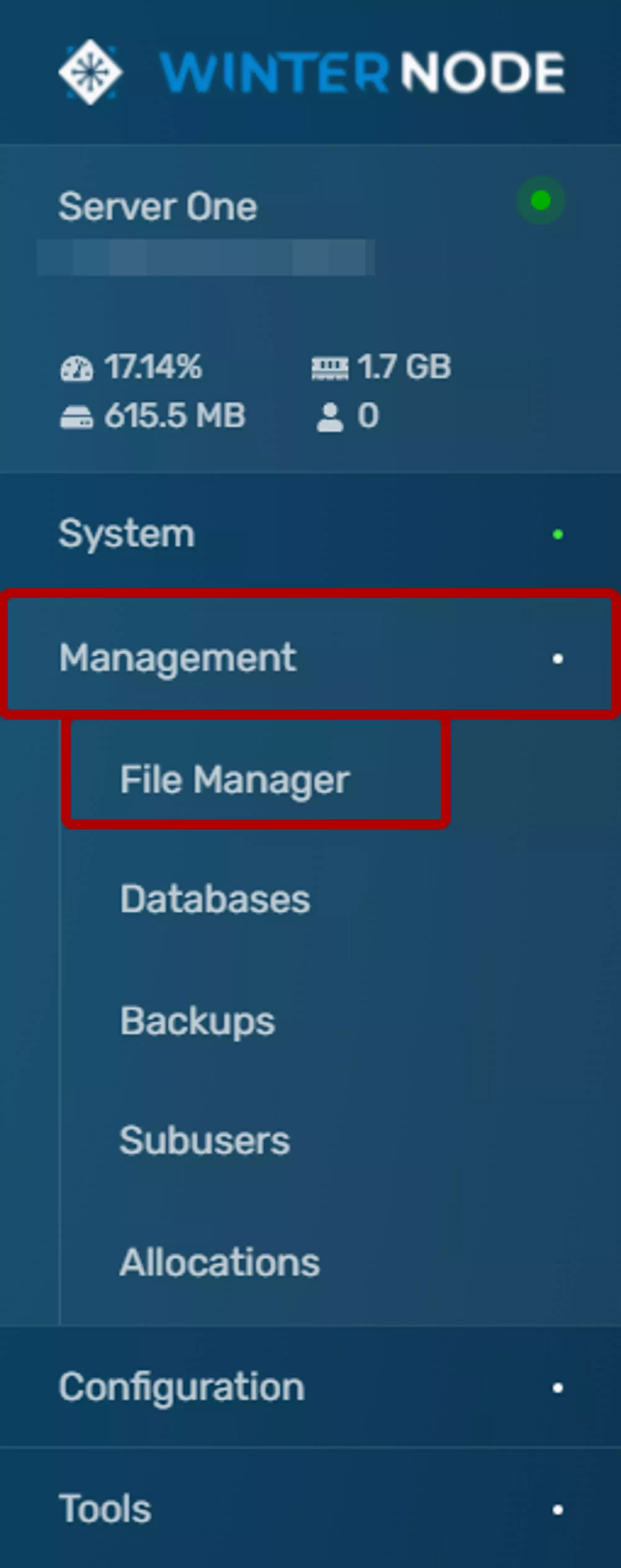 The File Manager tab in the GCP navbar, located under the Management dropdown tab