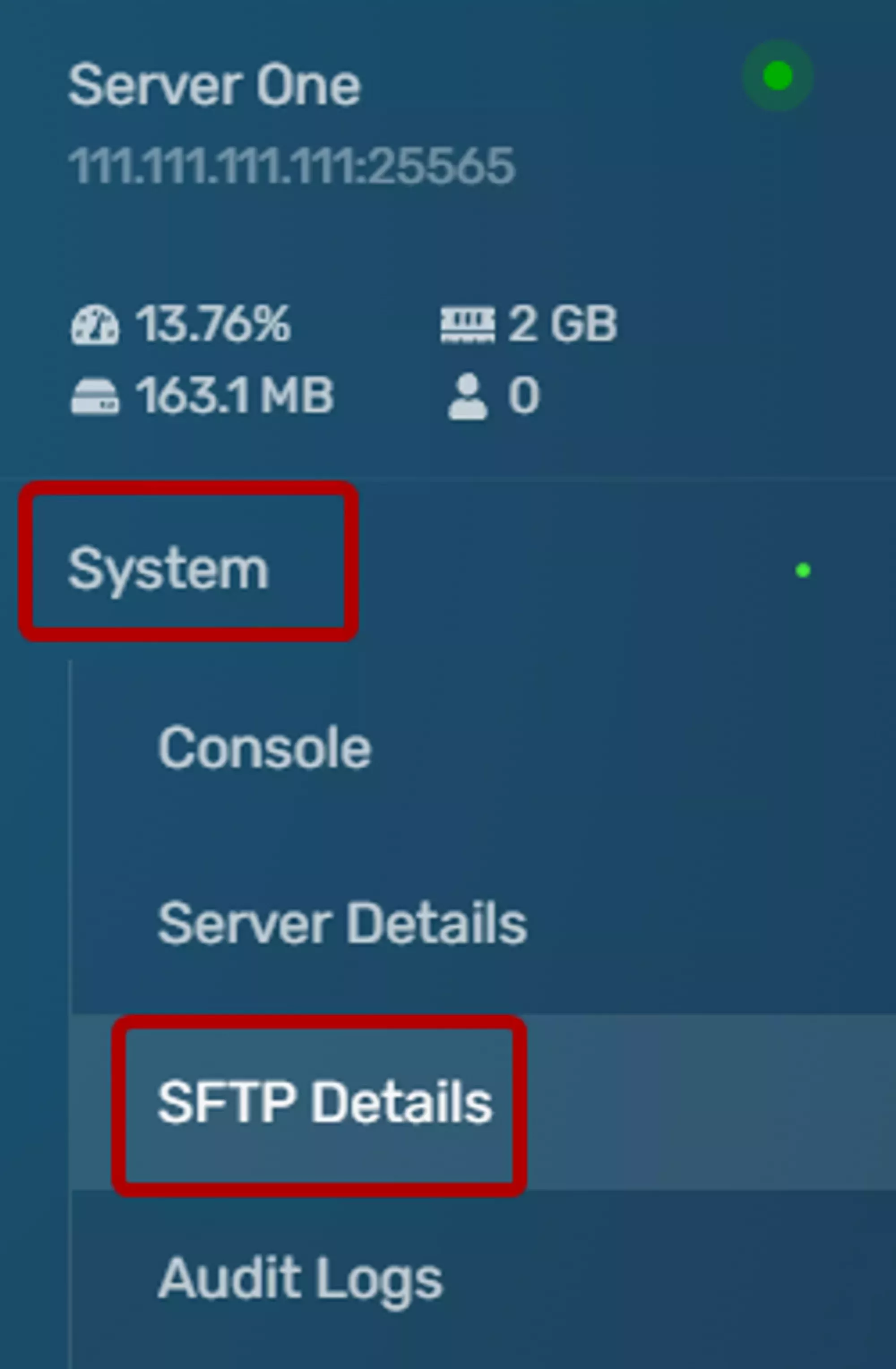 The SFTP Details tab on the Navbar for your server located under the System dropdown