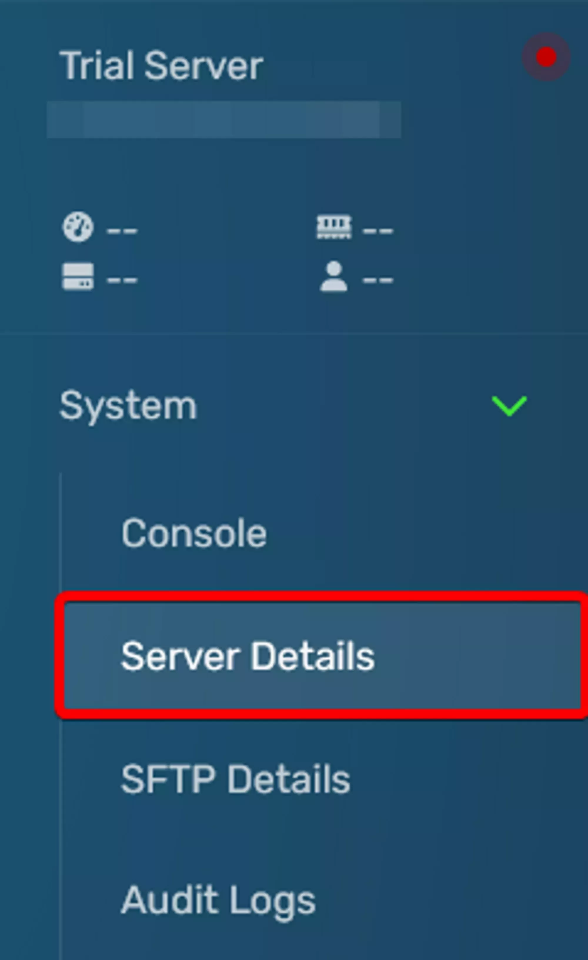 The Server Details button located under the System tab on the GCP Navbar