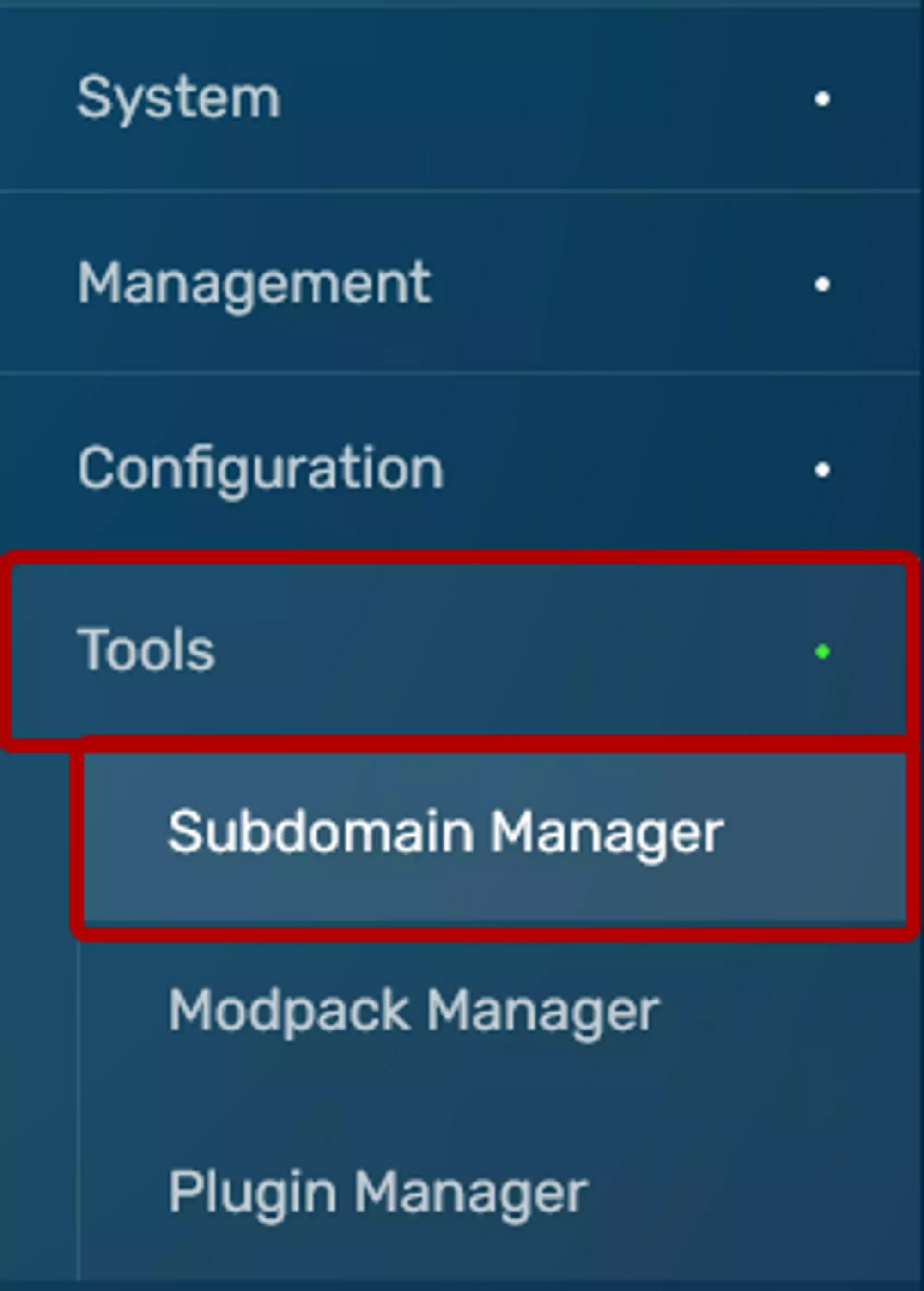 The Subdomain Manager tab on your servers Navbar, located under the Tools dropdown
