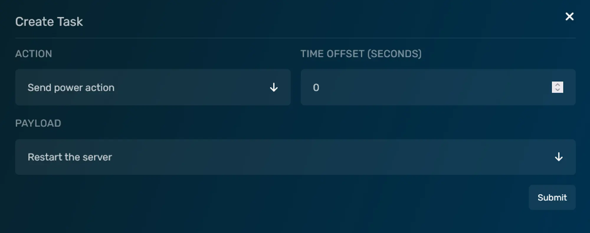 A power action task with the Action drop down located on the top left, the time offset located on the top right, and the payload drop down spanning the entire width of the bottom of the modal