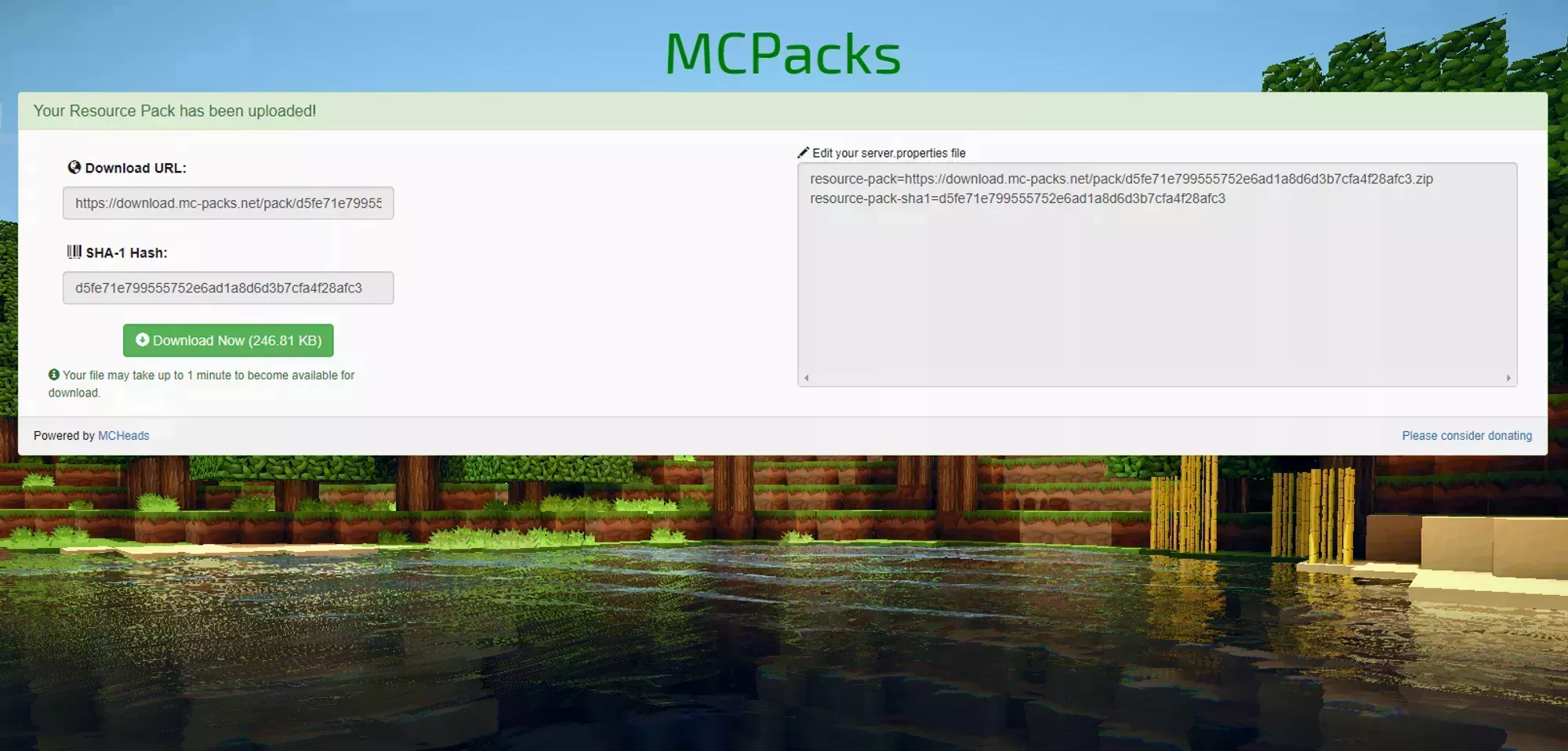 The main page of the MC-Packs website