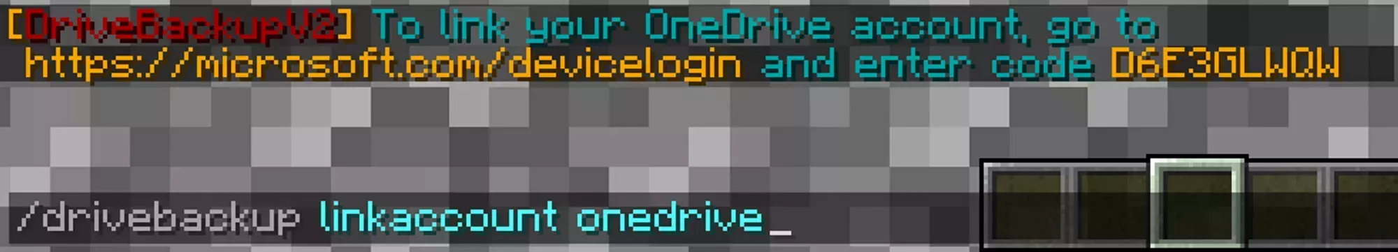 The DriveBackupV2 linkaccount command being run in Minecraft