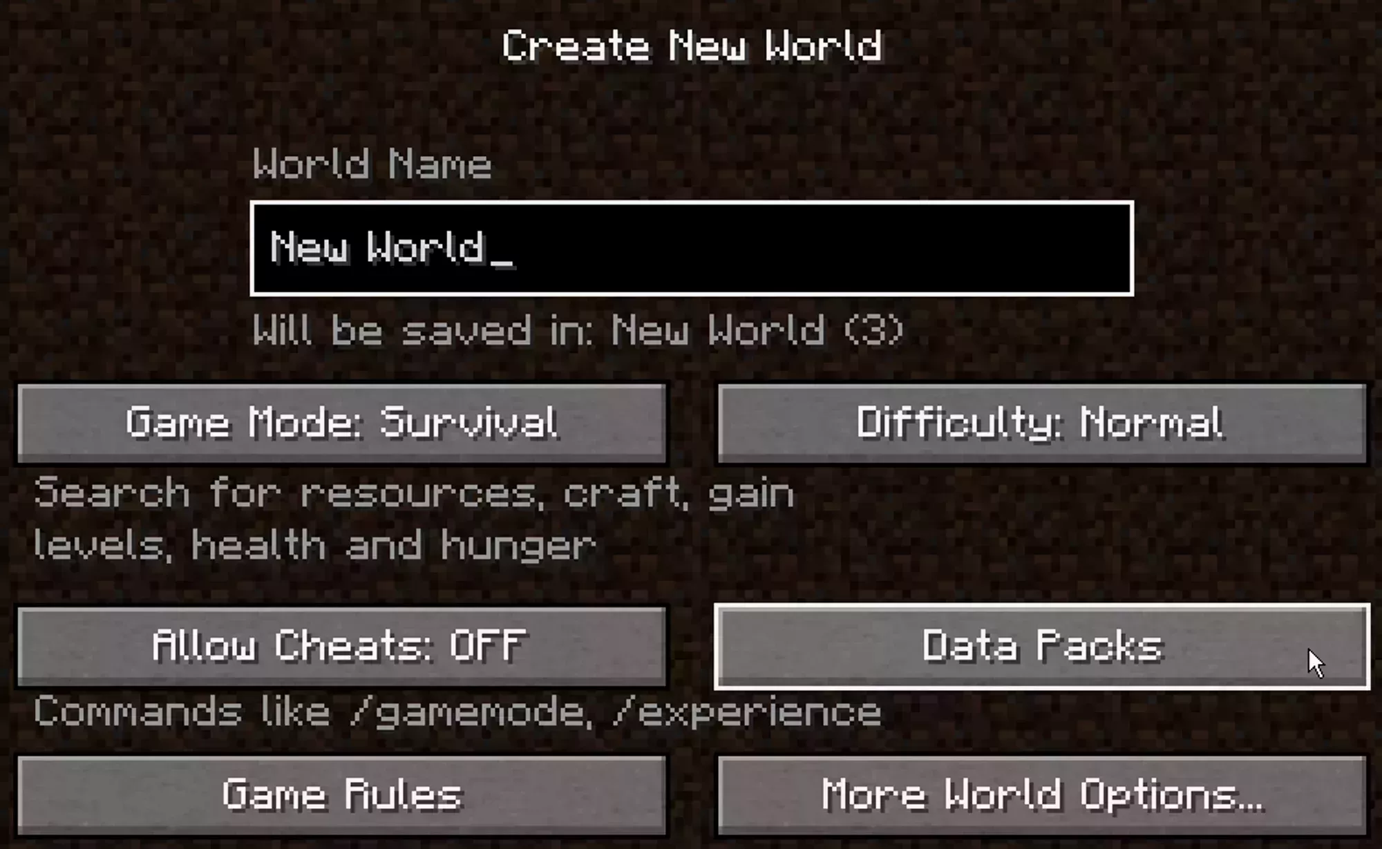 The Minecraft New World screen with the Datapacks button in the middle right side