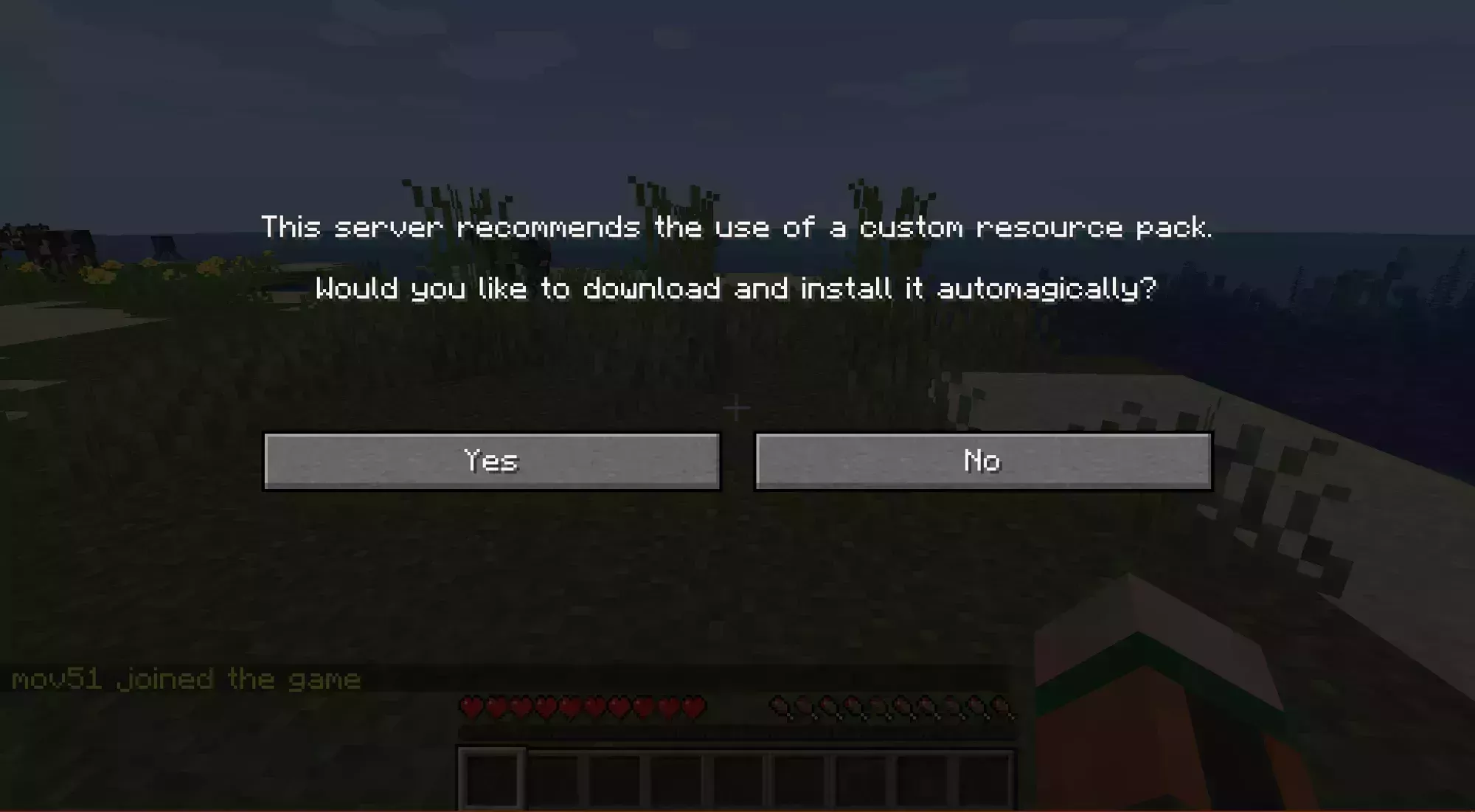 The resource pack recommended screen shown when a player joins the server