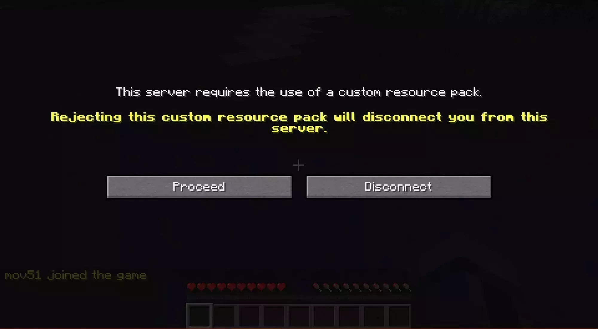 The resource pack required screen shown when a player joins the server