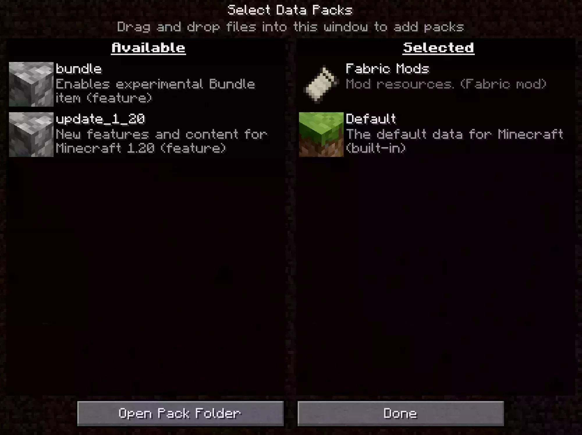The Minecraft Select Data Packs screen