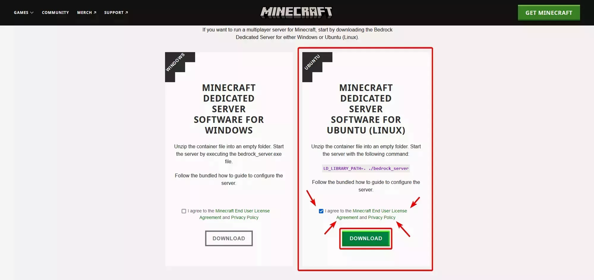 The Minecraft Dedicated Server download pane on the minecraft.net website
