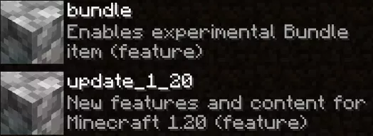 The two Minecraft Experimental datapacks released with Minecraft 1.19, &quot;bundle&quot; and &quot;update_1_20&quot;