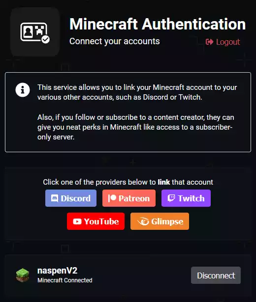 The minecraftauth.me website when you&#39;ve logged in with Minecraft but have no other services linked. The services available for linking are grouped above the list of linked services as different colored buttons with the names of the service and their logo.