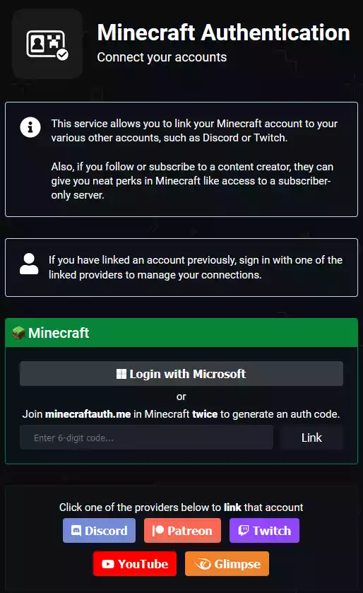 The default page of the minecraftauth.me website, showing the available services for log-in as well as 2 options for logging in with Minecraft