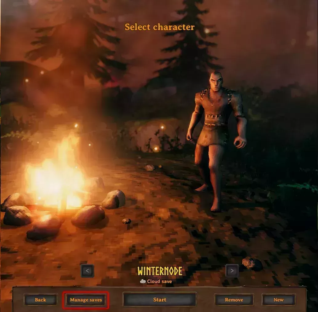 The Valheim select character screen with the Manage saves button highlighted on the middle left of the bottom navigation bar