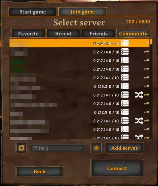 The public list of community servers on the Join Game tab