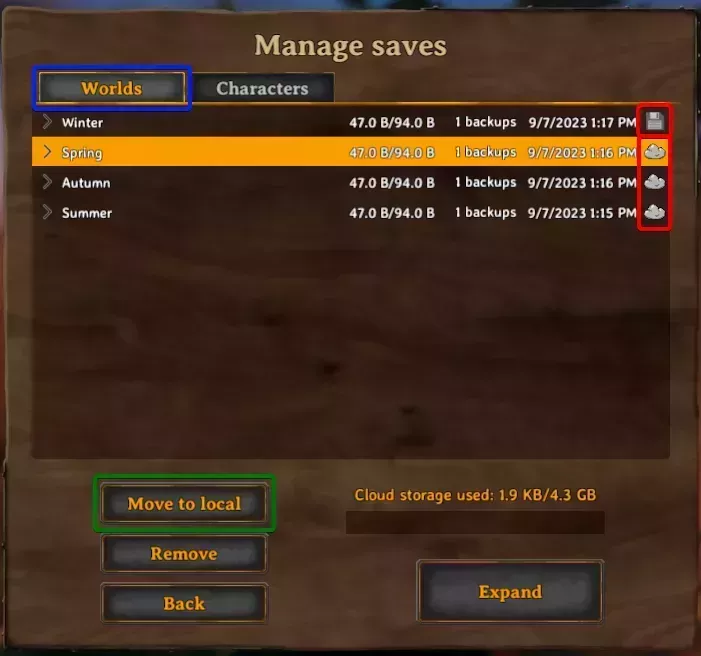 The Valheim manage saves screen with the Worlds tab highlighted at the top of the screen, the local/cloud icons highlighted on the right of the saves table, and the a button currently labeled &quot;Move to local&quot; highlighted on the left side of the upper bottom half of the window