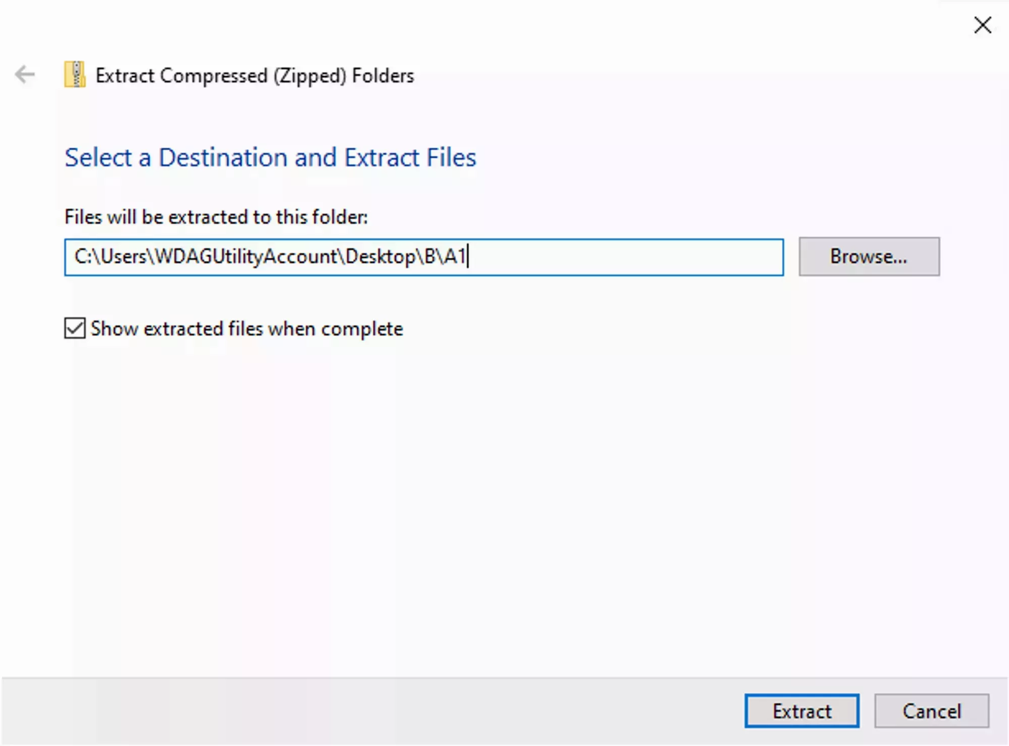 The destination select step for the Extract Compressed Folders wizard with the &quot;Files will be extracted to this folder&quot; field located in the middle of the window and the &quot;extract&quot; button in the bottom right hand corner