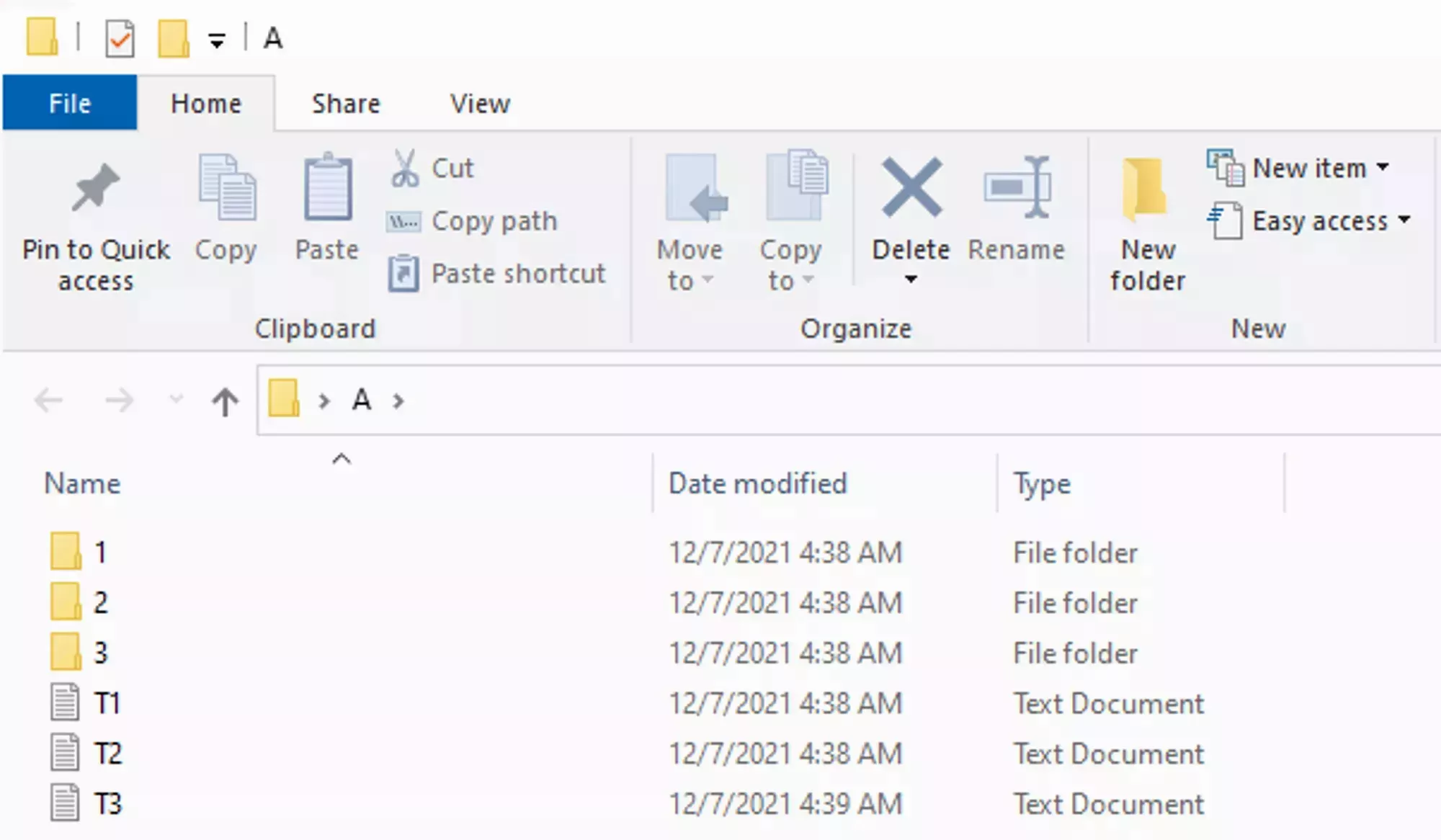 Folders 1, 2, and 3 and Files T1, T2, and T3 contained within folder A