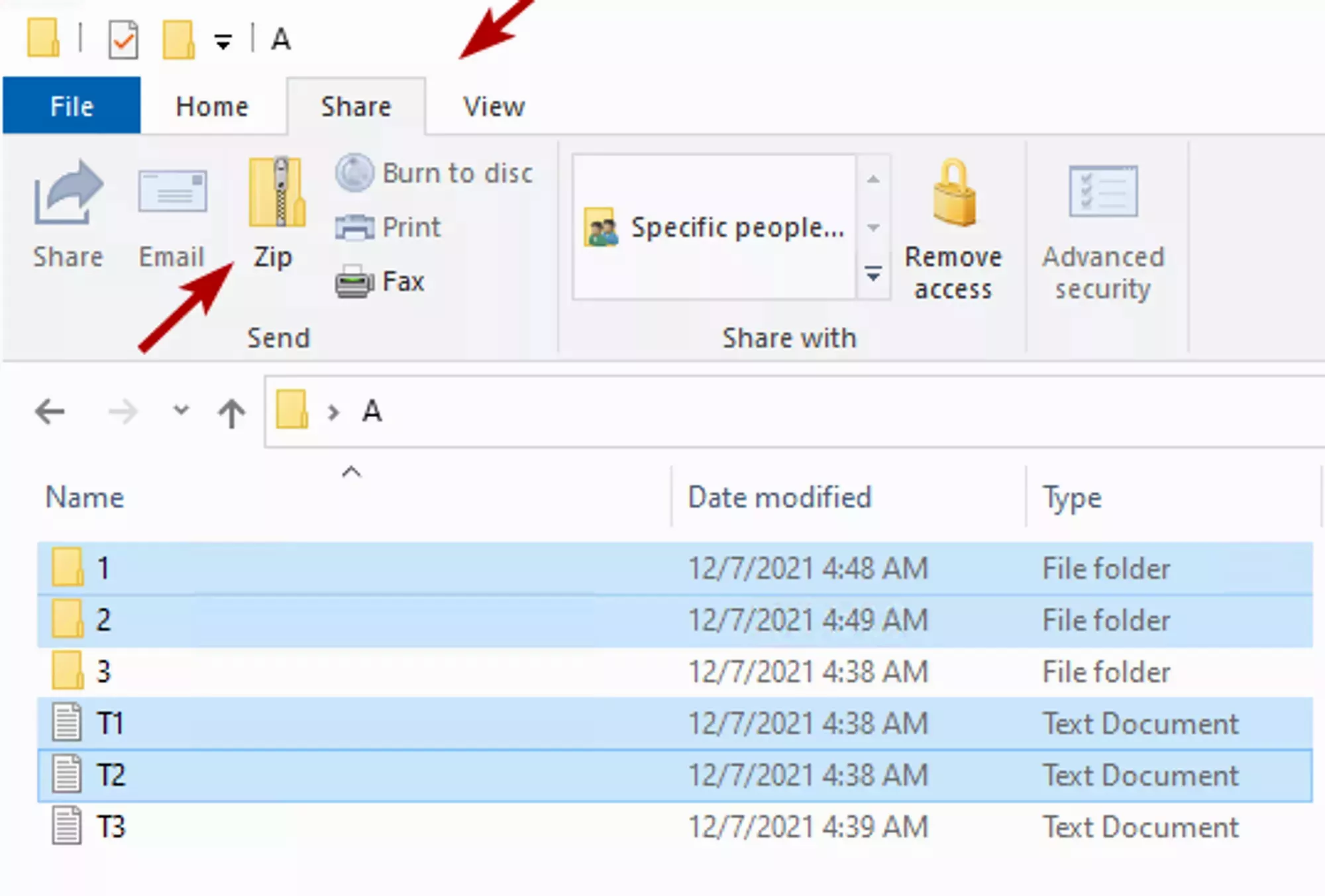 The windows file explorer with folders 1 &amp; 2 and files T1 &amp; T2 selected, while highlighting the position of the &quot;share&quot; tab, second from the left, and the &quot;Zip&quot; button, located under the share tab third from the left.